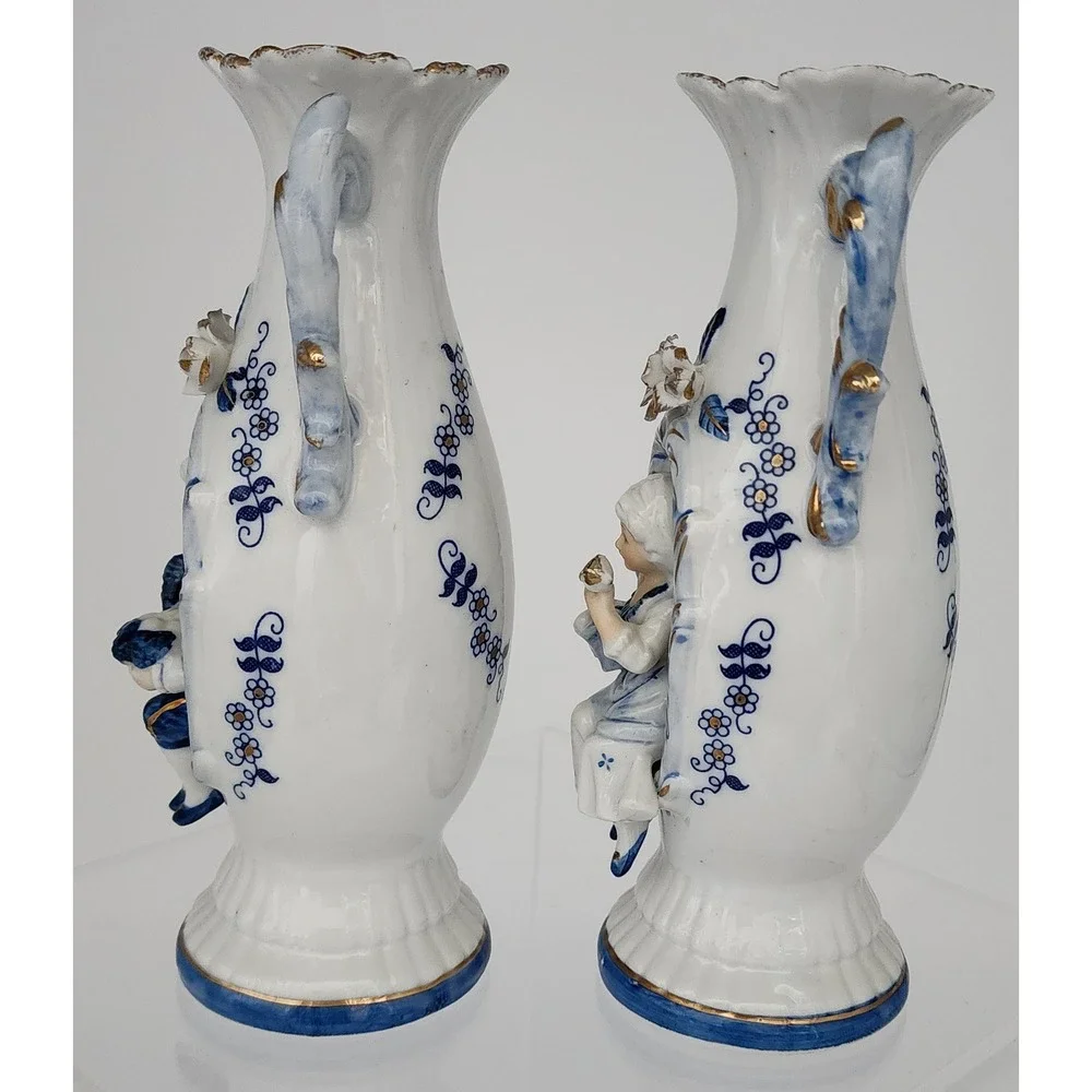 Allied Japan Porcelain Figural Vases Set of 2 Blue White Gold Victorian 3D EXC